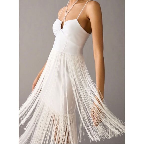 NEW Anthropologie Delfi Collective White Fringe Cocktail Wedding Dress Large - Picture 4 of 6